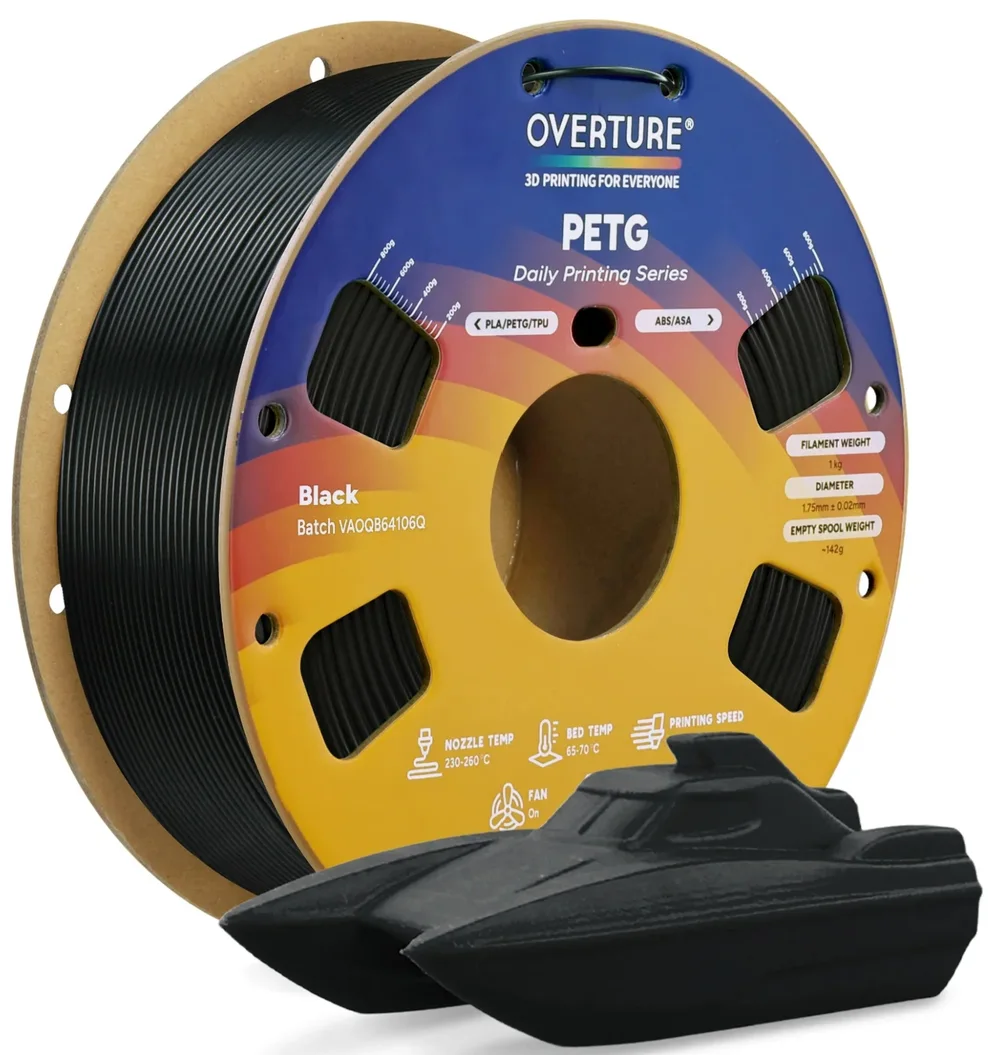 Black Overture PETG filament spool