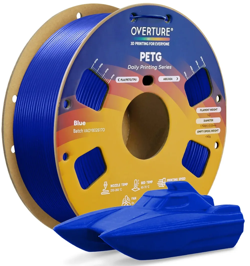 Blue Overture PETG filament spool