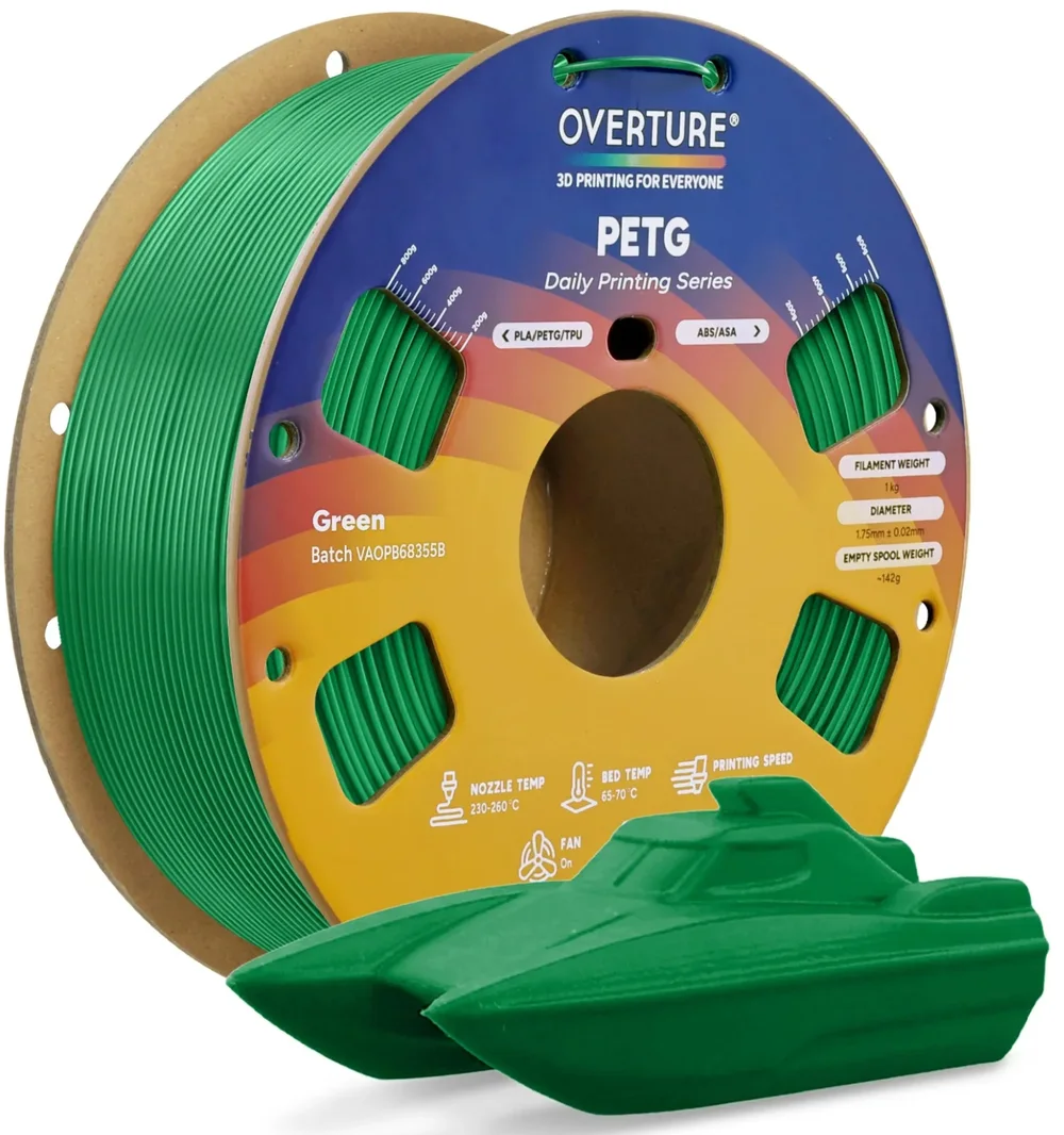 Green Overture PETG filament spool