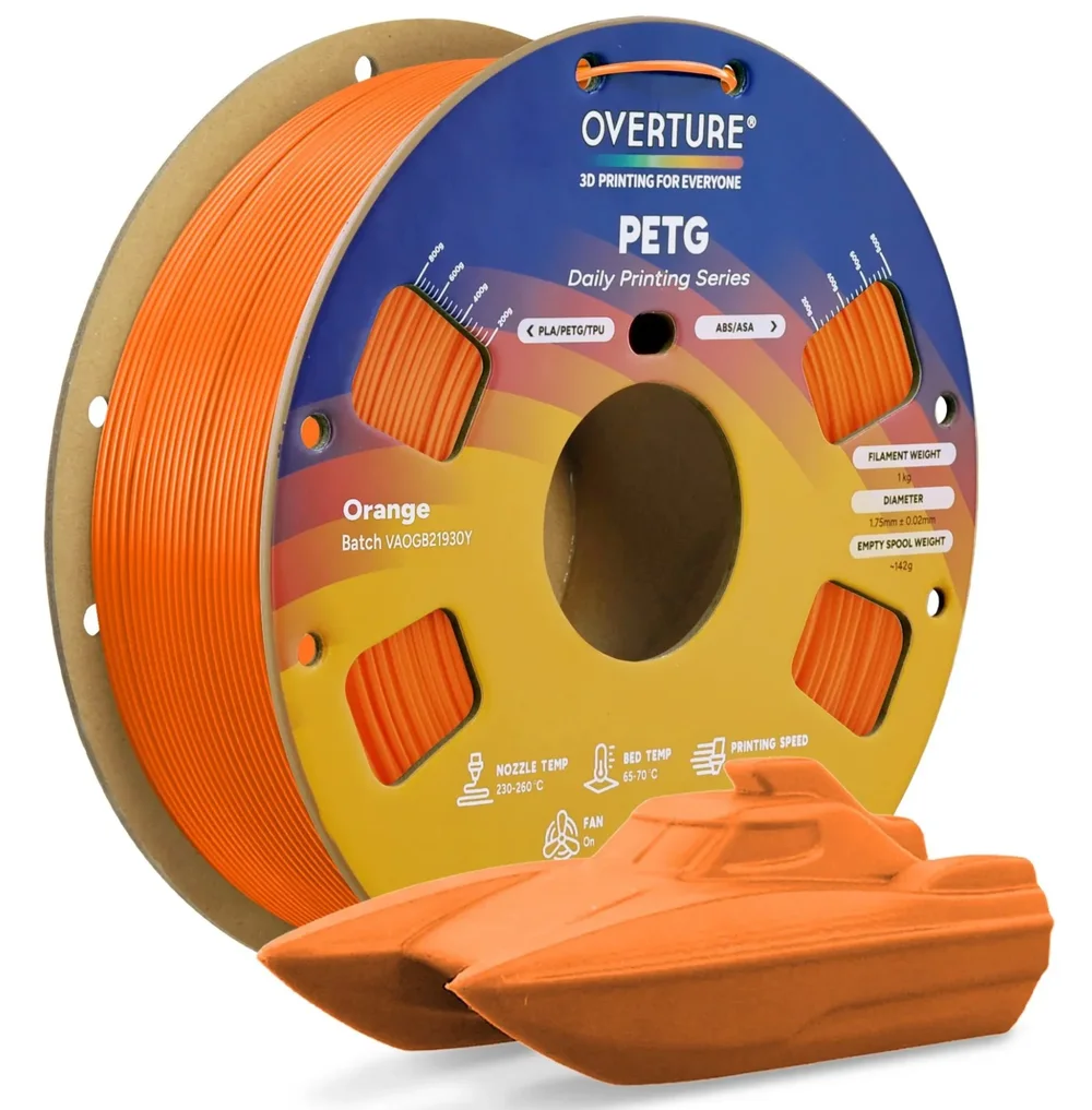 Orange Overture PETG filament spool