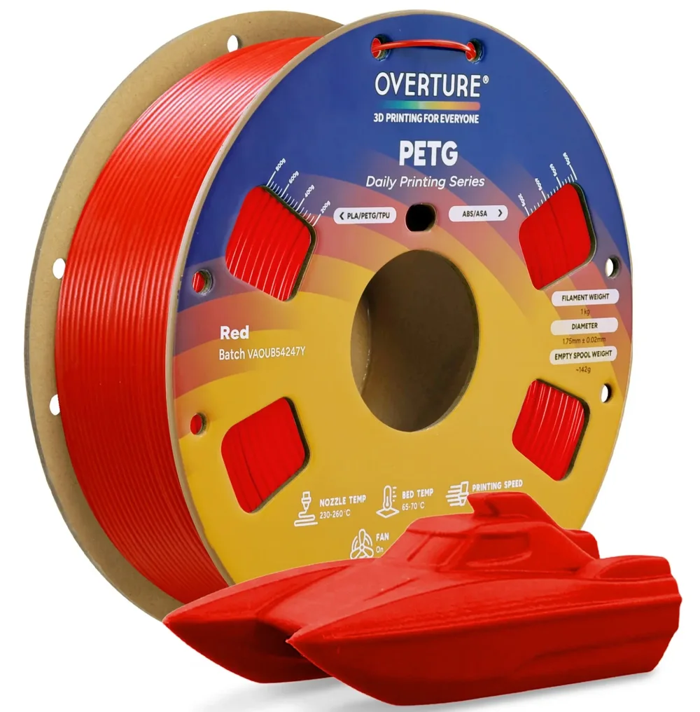 Red Overture PETG filament spool