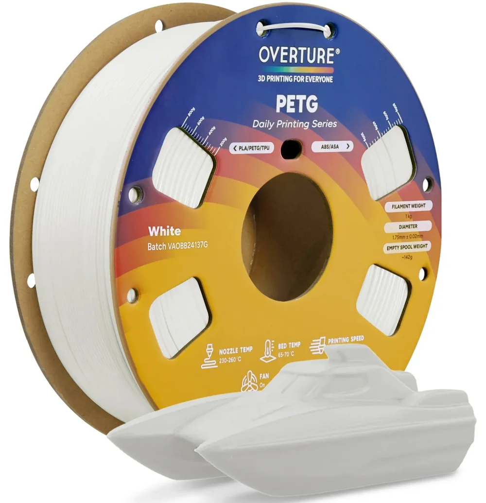 White Overture PETG filament spool