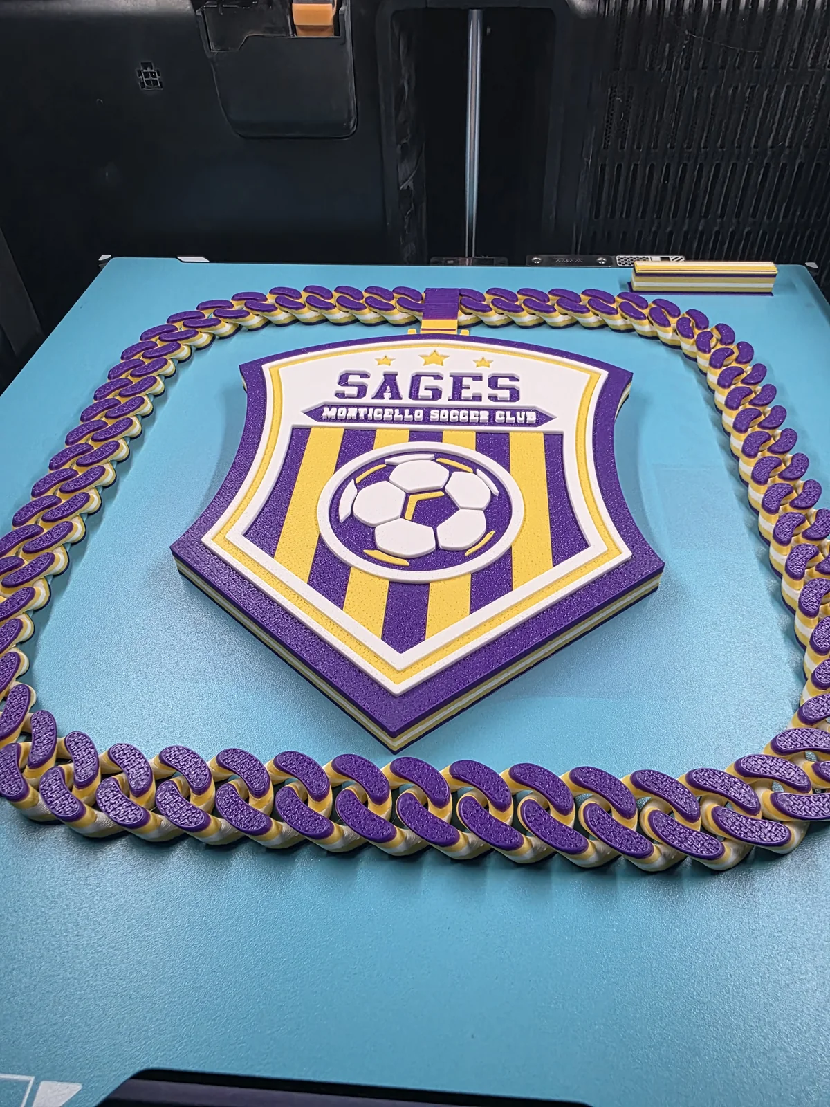 Purple and gold SAGES soccer plaque with a matching chain border