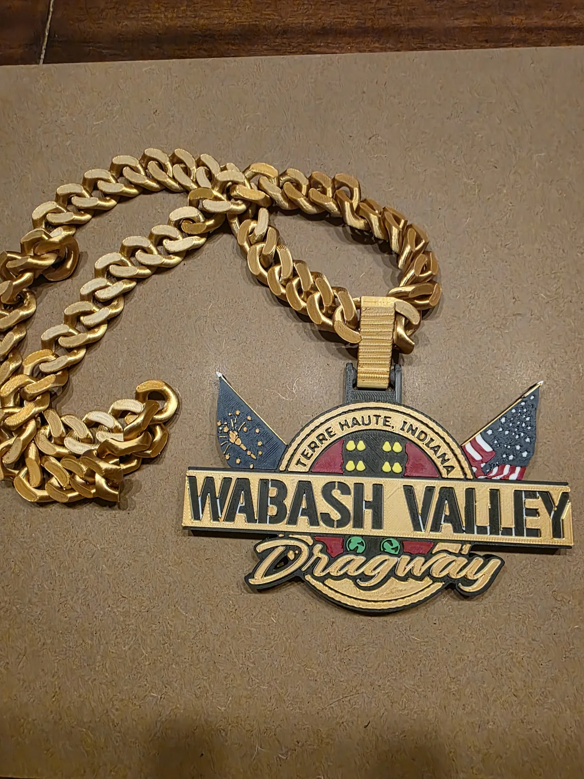 Gold Wabash Valley custom pendant with matching chain