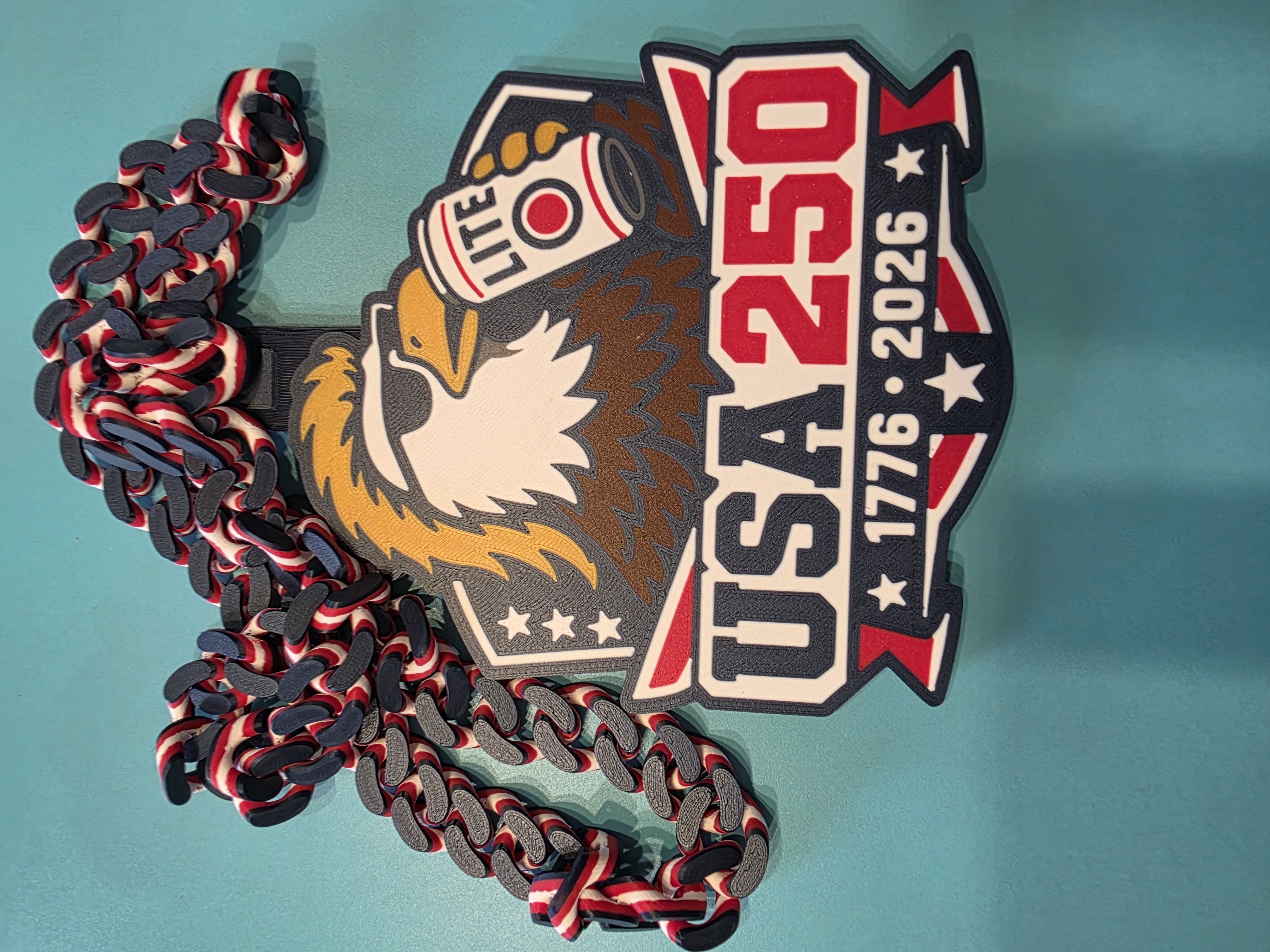 Red white and blue USA 250 pendant with a printed chain